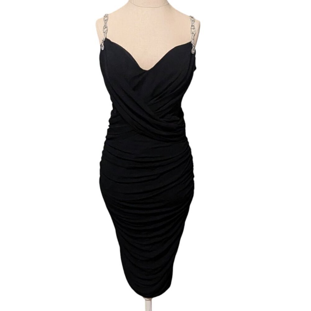 Nicole Bakti Dress Diamond Rhinestone Strap‎ Goth Ruched Elvira Cocktail Bodycon